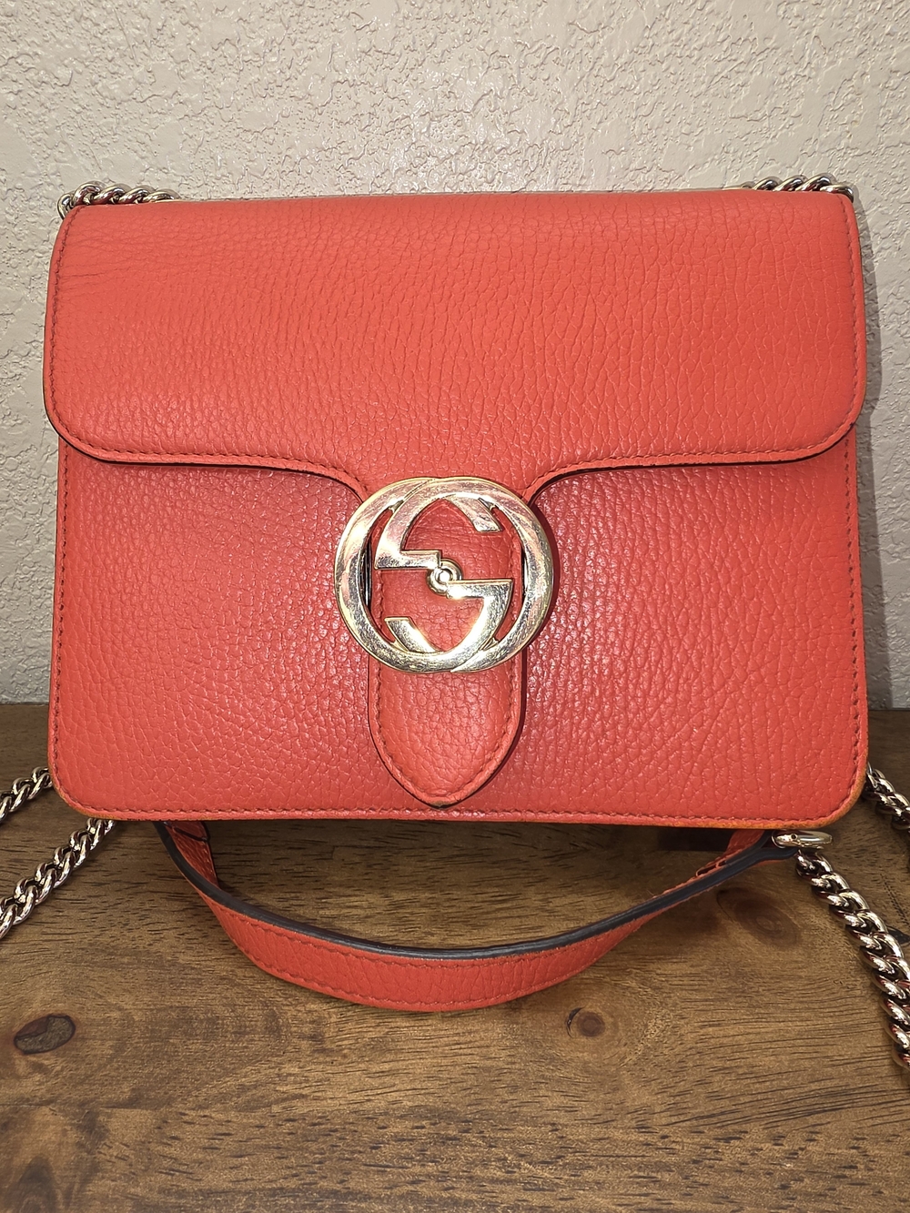 Gucci Coral-Orange Leather Crossbody with Gold Interlocking G Pebble Leather